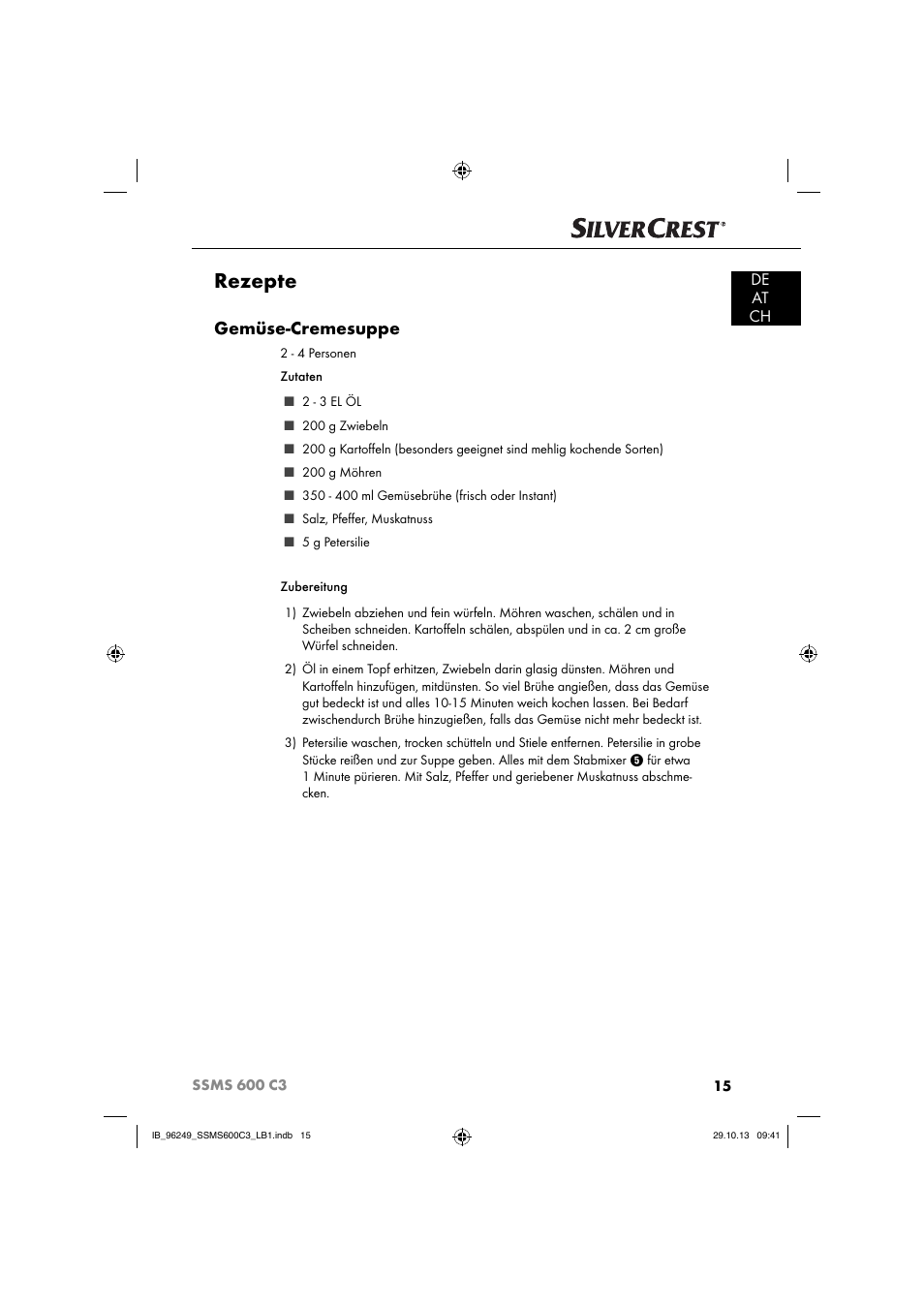 Rezepte, Gemüse-cremesuppe, De at ch | Silvercrest SSMS 600 C3 User Manual | Page 18 / 94