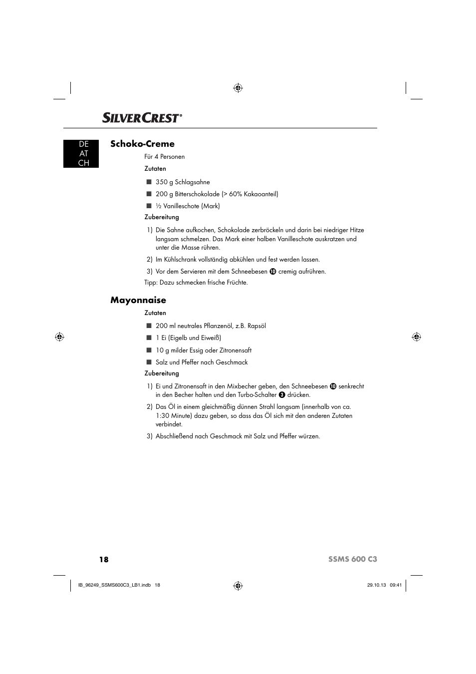 Schoko-creme, Mayonnaise, De at ch | Silvercrest SSMS 600 C3 User Manual | Page 21 / 94