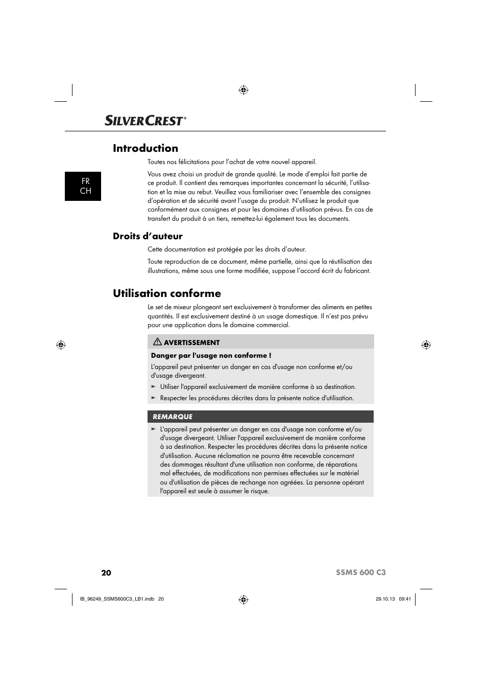 Introduction, Utilisation conforme, Droits d’auteur | Fr ch | Silvercrest SSMS 600 C3 User Manual | Page 23 / 94