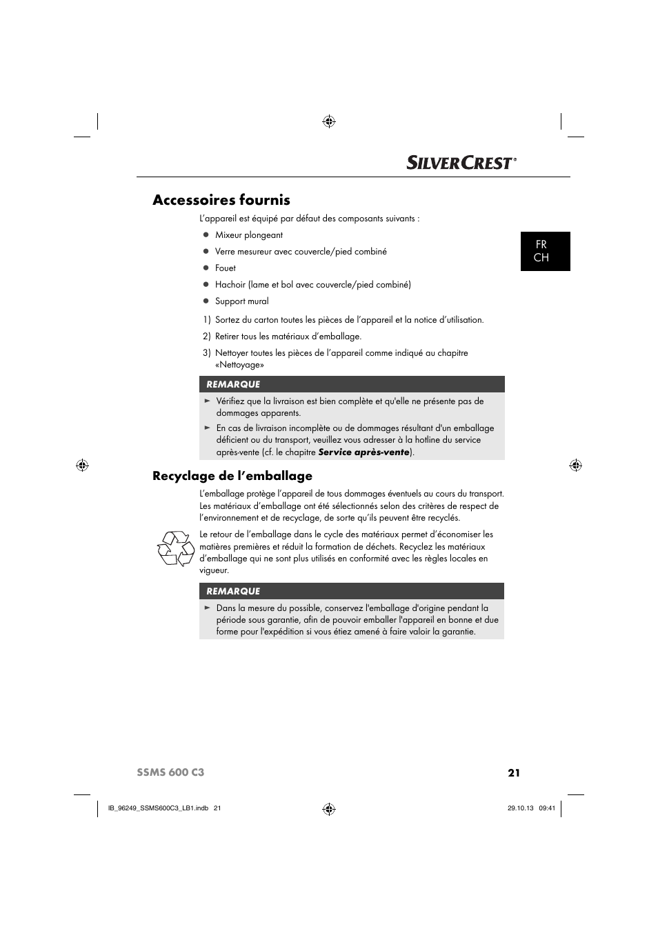 Accessoires fournis, Recyclage de l’emballage, Fr ch | Silvercrest SSMS 600 C3 User Manual | Page 24 / 94