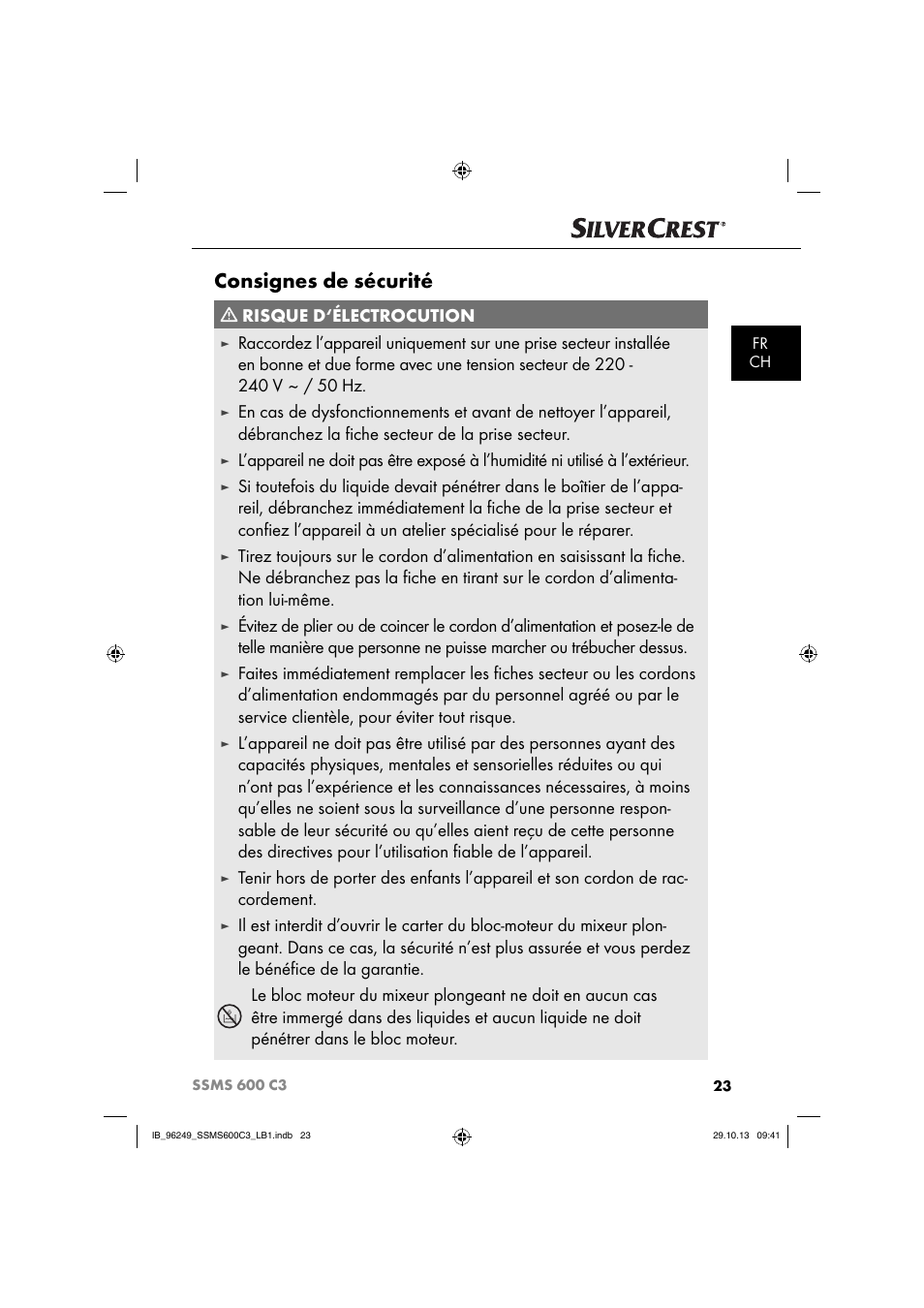 Consignes de sécurité, Risque d‘électrocution | Silvercrest SSMS 600 C3 User Manual | Page 26 / 94