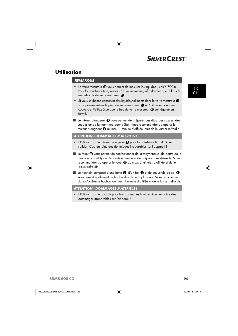 Utilisation, Fr ch | Silvercrest SSMS 600 C3 User Manual | Page 28 / 94