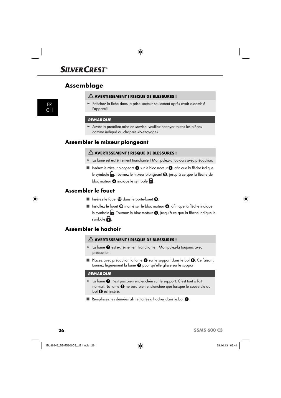 Assemblage, Assembler le mixeur plongeant, Assembler le fouet | Assembler le hachoir, Fr ch | Silvercrest SSMS 600 C3 User Manual | Page 29 / 94