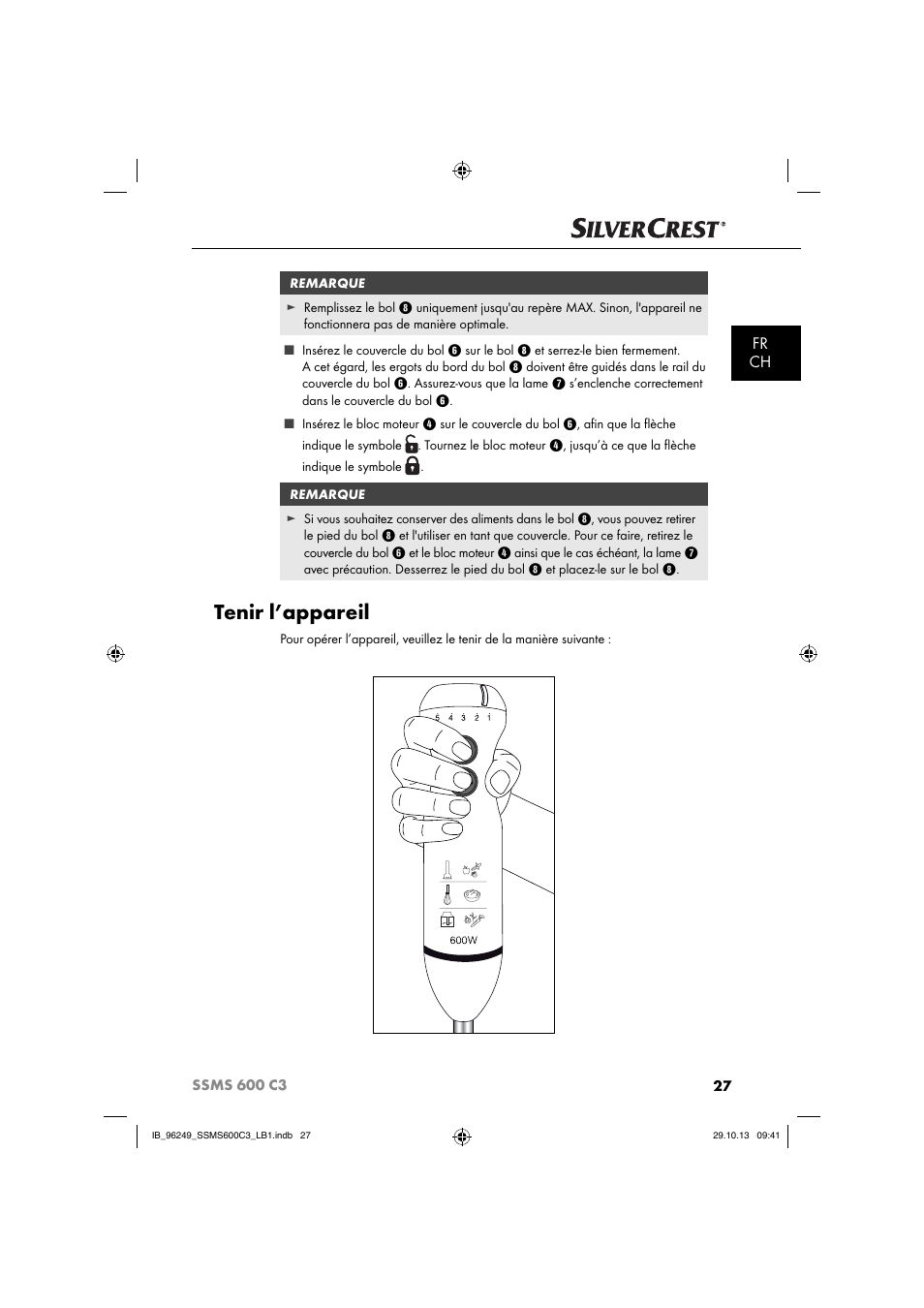 Tenir l’appareil, Fr ch | Silvercrest SSMS 600 C3 User Manual | Page 30 / 94