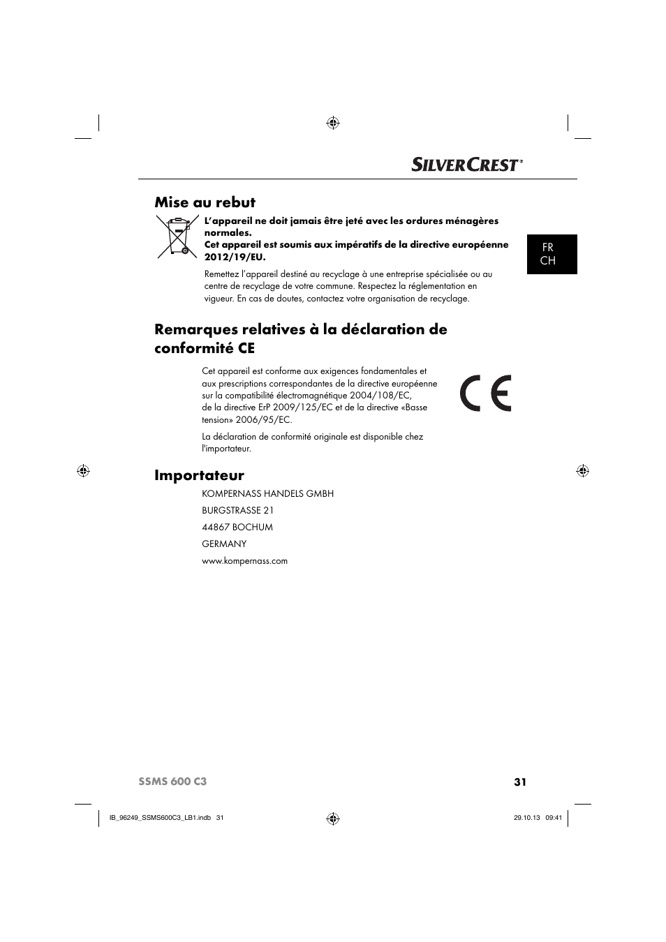 Mise au rebut, Importateur, Fr ch | Silvercrest SSMS 600 C3 User Manual | Page 34 / 94