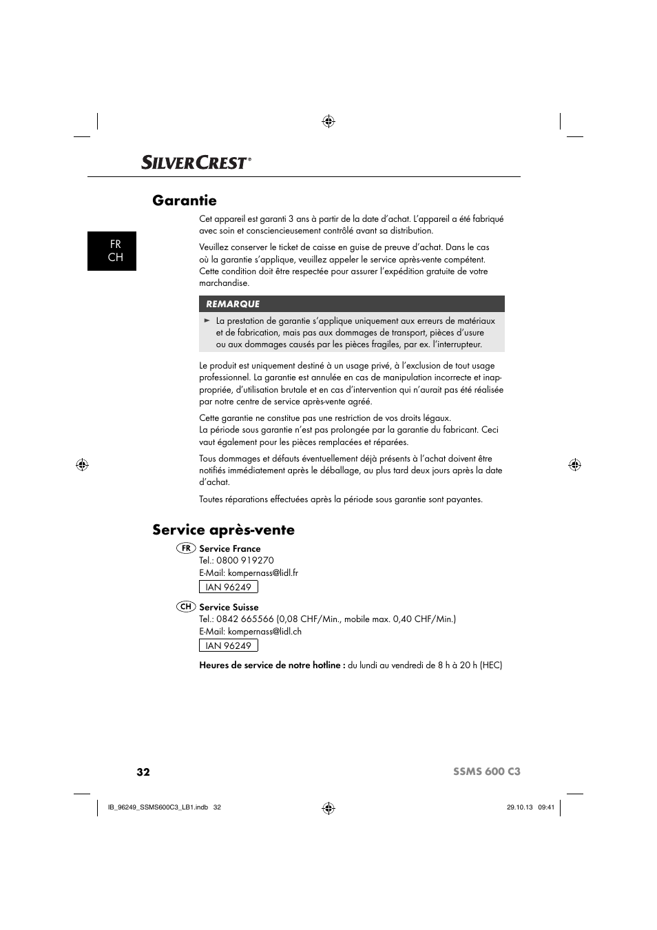 Garantie, Service après-vente, Fr ch | Silvercrest SSMS 600 C3 User Manual | Page 35 / 94