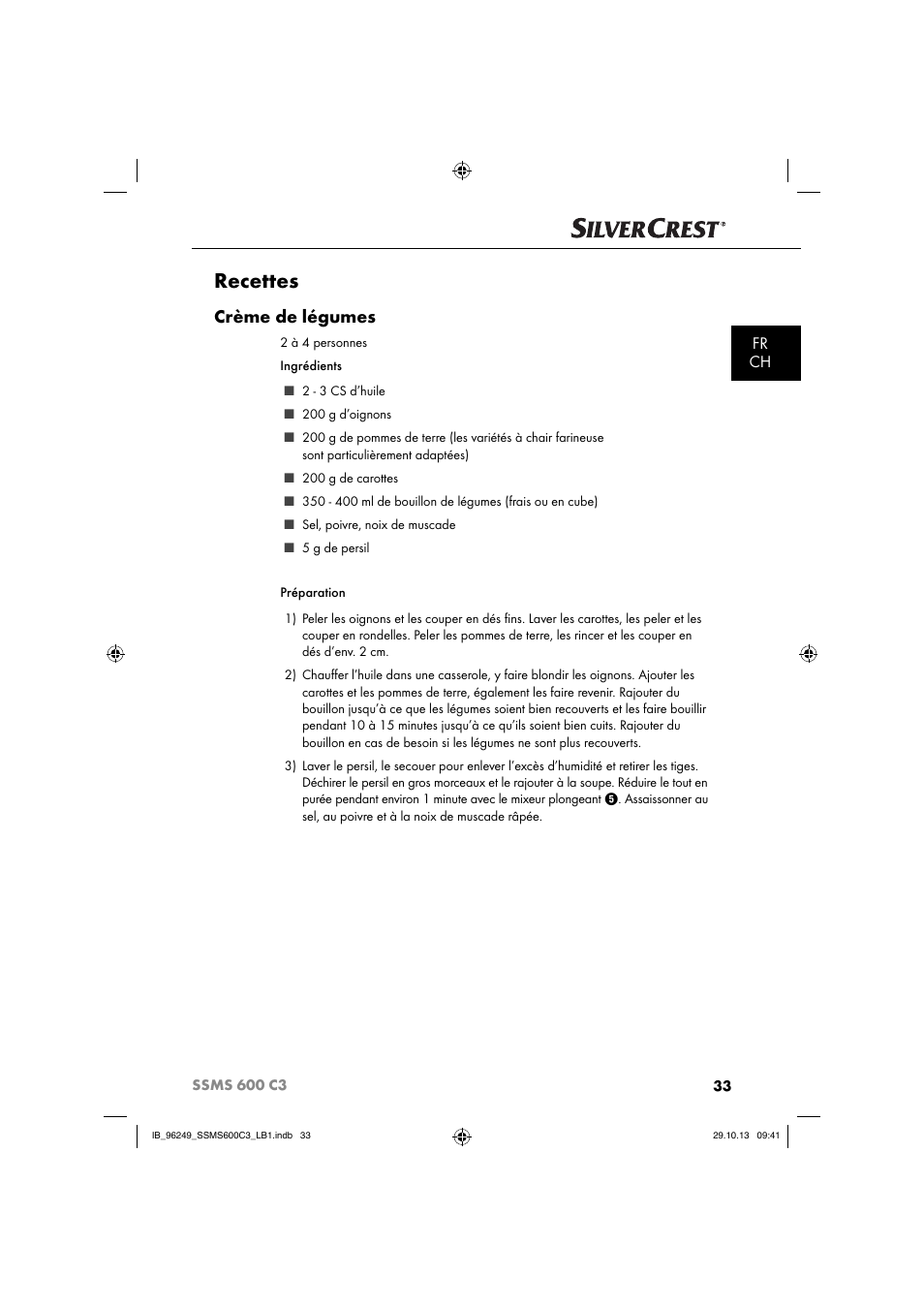 Recettes, Crème de légumes, Fr ch | Silvercrest SSMS 600 C3 User Manual | Page 36 / 94