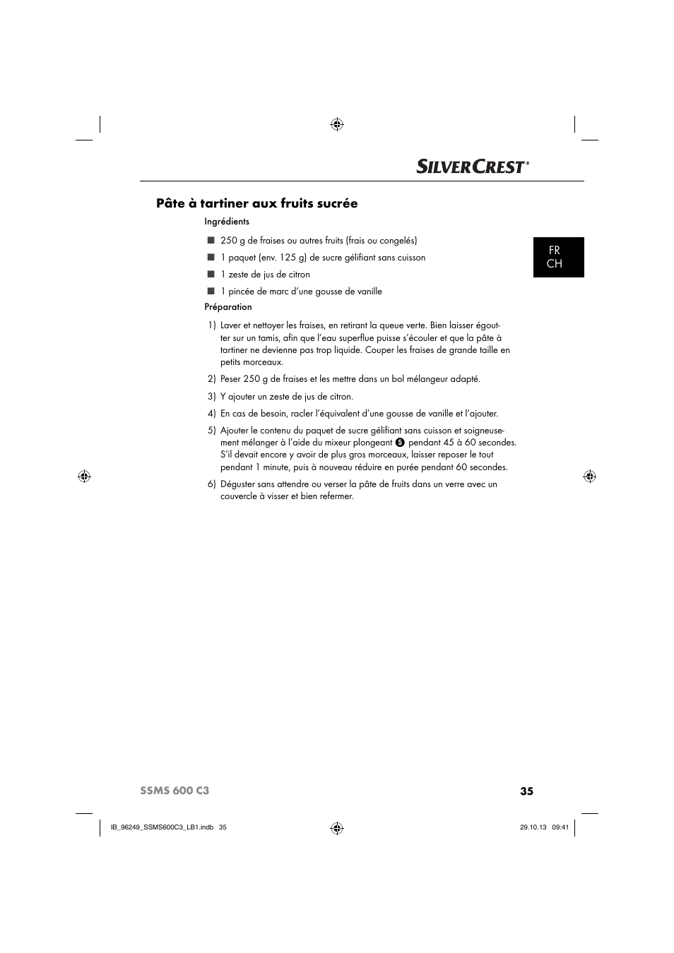 Pâte à tartiner aux fruits sucrée, Fr ch | Silvercrest SSMS 600 C3 User Manual | Page 38 / 94