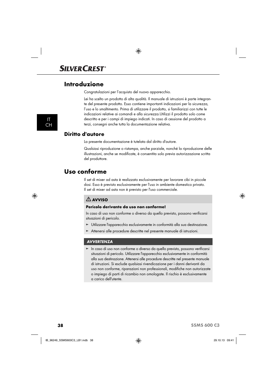 Introduzione, Uso conforme, Diritto d'autore | It ch | Silvercrest SSMS 600 C3 User Manual | Page 41 / 94