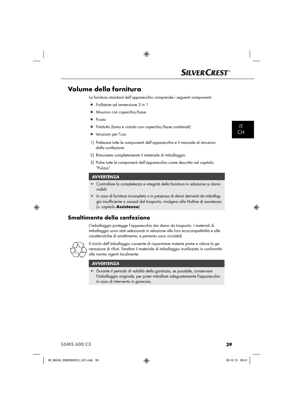 Volume della fornitura, Smaltimento della confezione, It ch | Silvercrest SSMS 600 C3 User Manual | Page 42 / 94