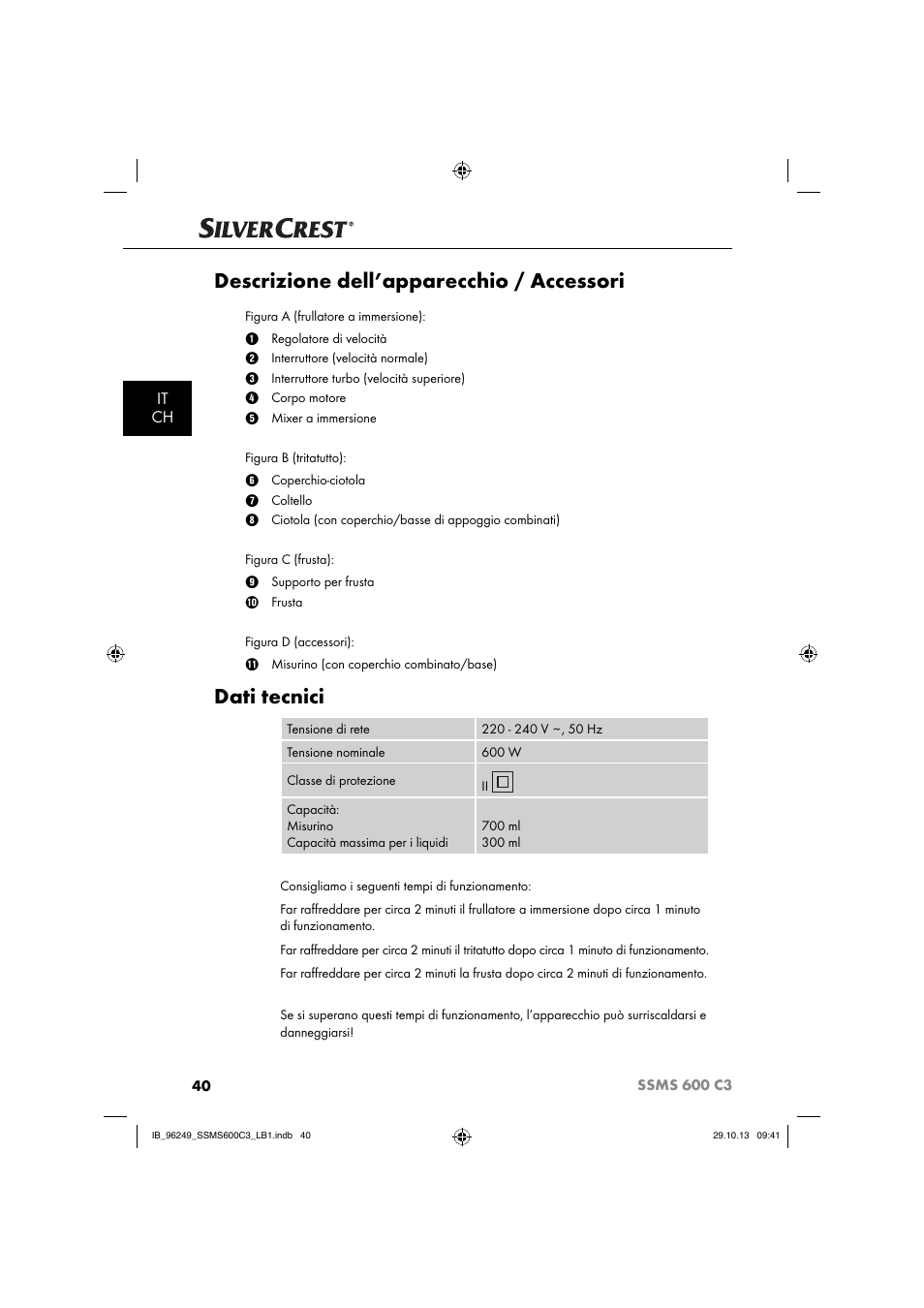 Descrizione dell’apparecchio / accessori, Dati tecnici, It ch | Silvercrest SSMS 600 C3 User Manual | Page 43 / 94