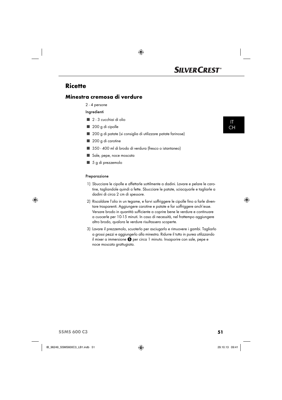 Ricette, Minestra cremosa di verdure, It ch | Silvercrest SSMS 600 C3 User Manual | Page 54 / 94