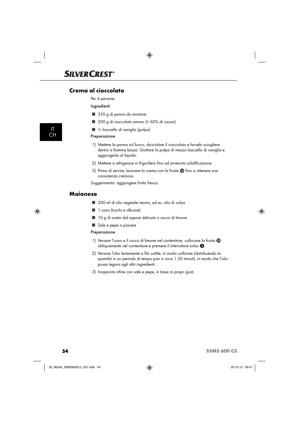 Crema al cioccolato, Maionese, It ch | Silvercrest SSMS 600 C3 User Manual | Page 57 / 94