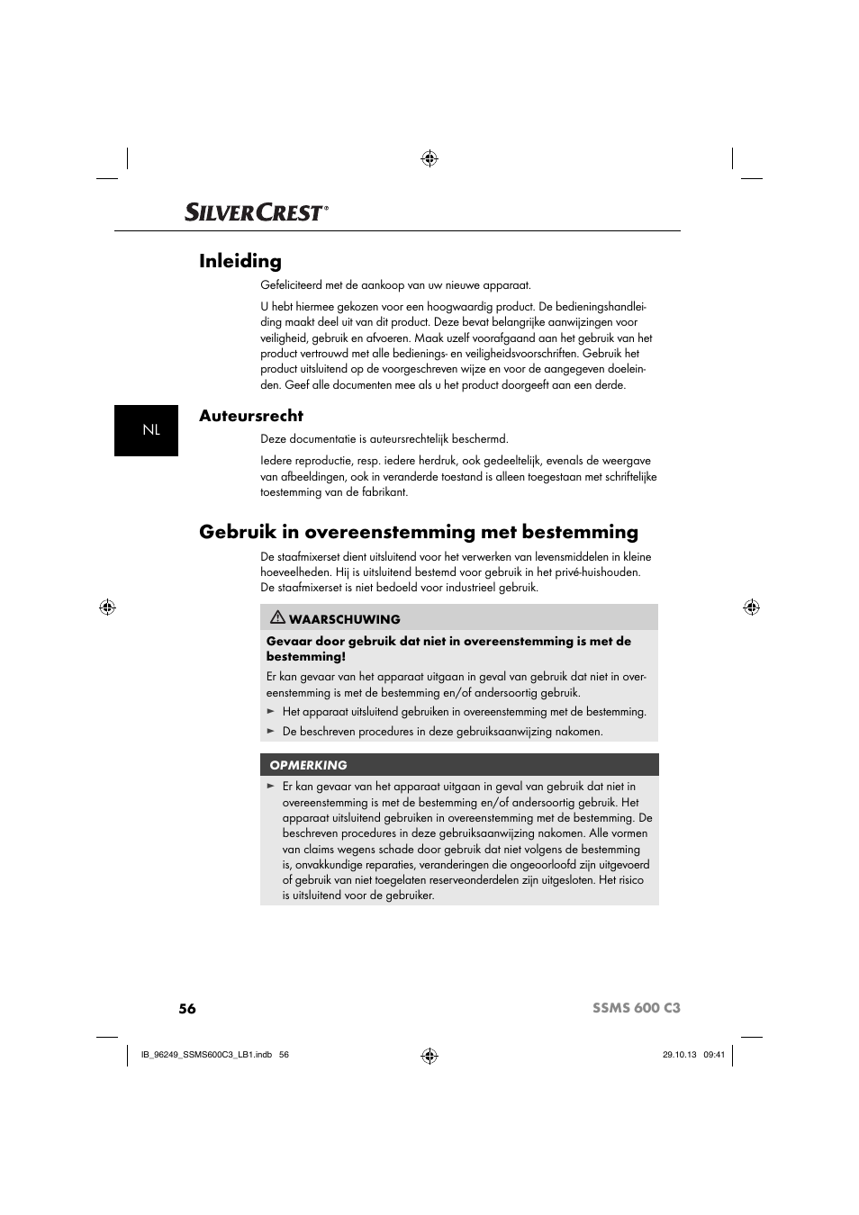 Inleiding, Gebruik in overeenstemming met bestemming, Auteursrecht | Silvercrest SSMS 600 C3 User Manual | Page 59 / 94