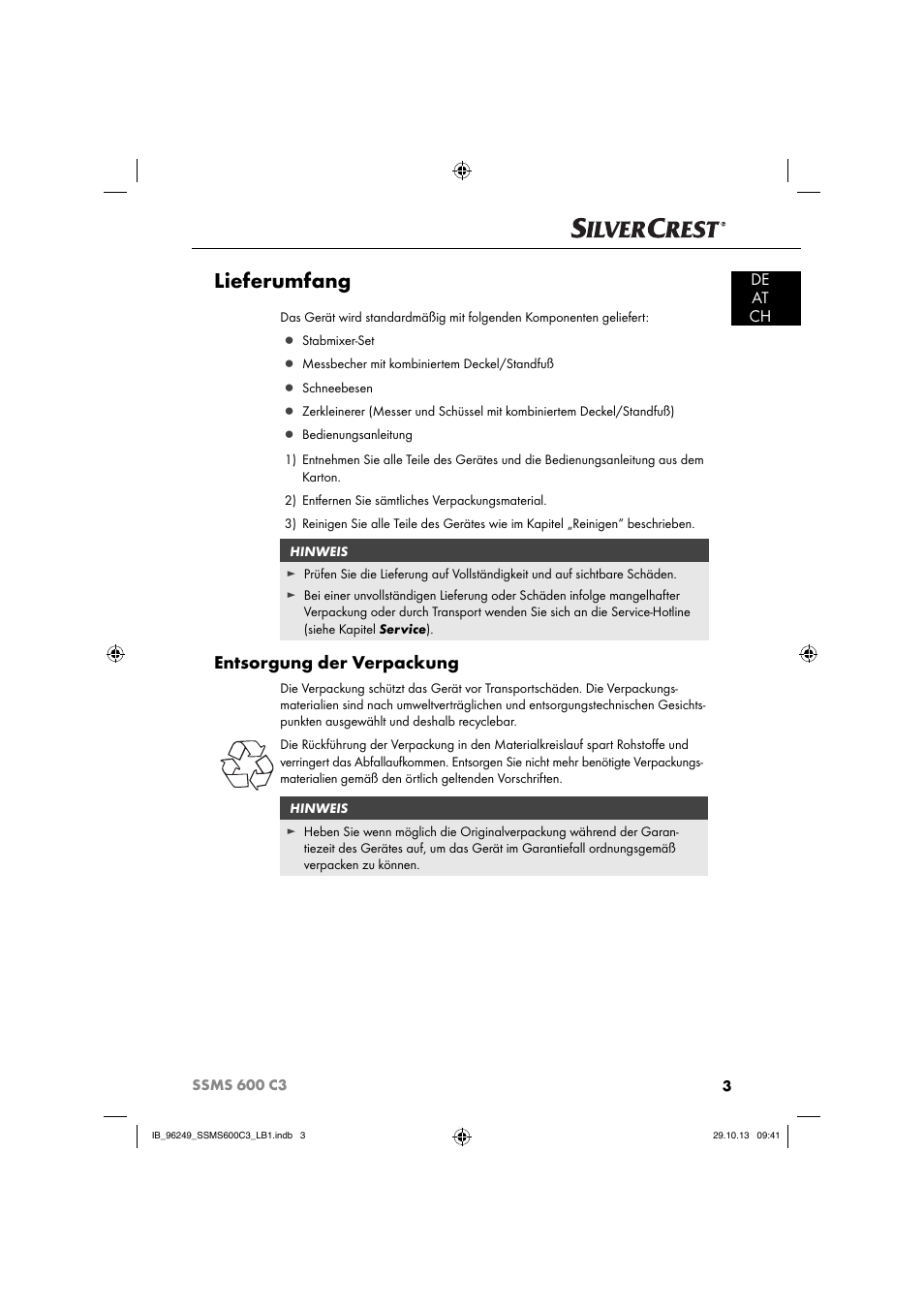 Lieferumfang, Entsorgung der verpackung, De at ch | Silvercrest SSMS 600 C3 User Manual | Page 6 / 94