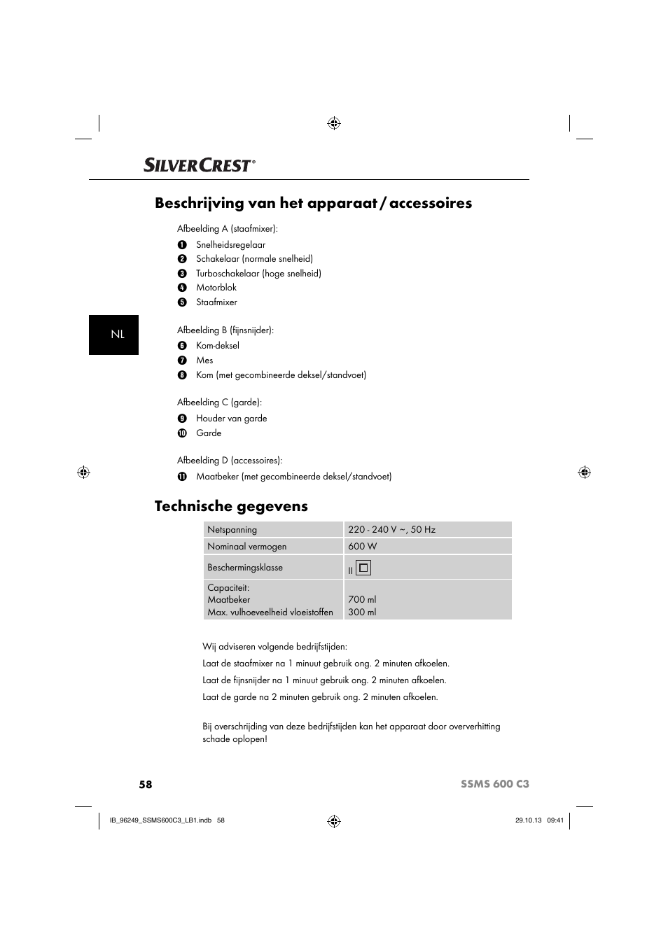 Beschrijving van het apparaat / accessoires, Technische gegevens | Silvercrest SSMS 600 C3 User Manual | Page 61 / 94