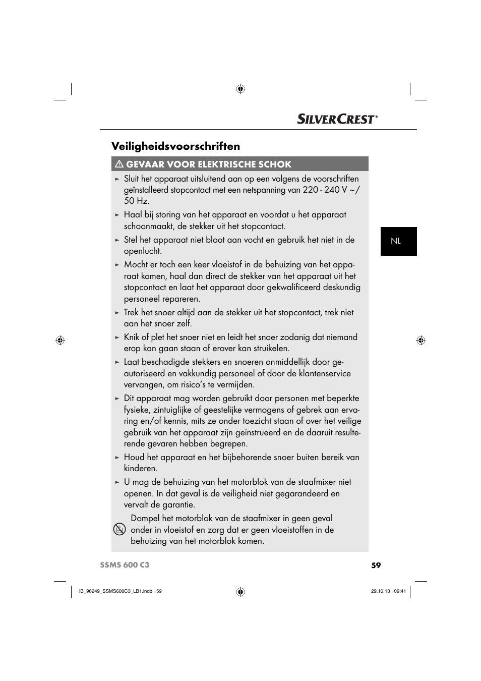 Veiligheidsvoorschriften, Gevaar voor elektrische schok | Silvercrest SSMS 600 C3 User Manual | Page 62 / 94