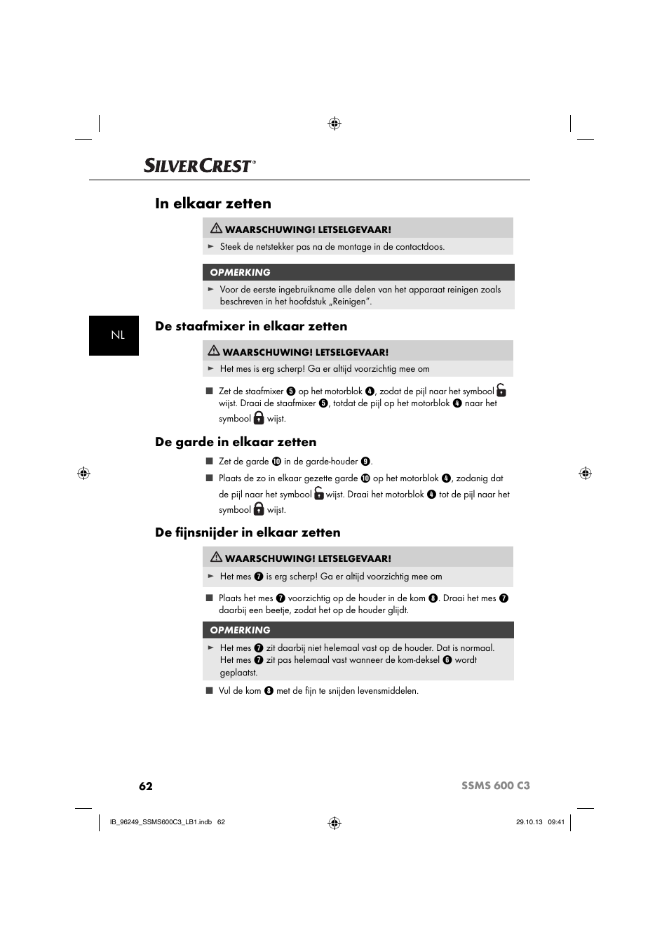 De staafmixer in elkaar zetten, De garde in elkaar zetten, De ﬁ jnsnijder in elkaar zetten | Silvercrest SSMS 600 C3 User Manual | Page 65 / 94