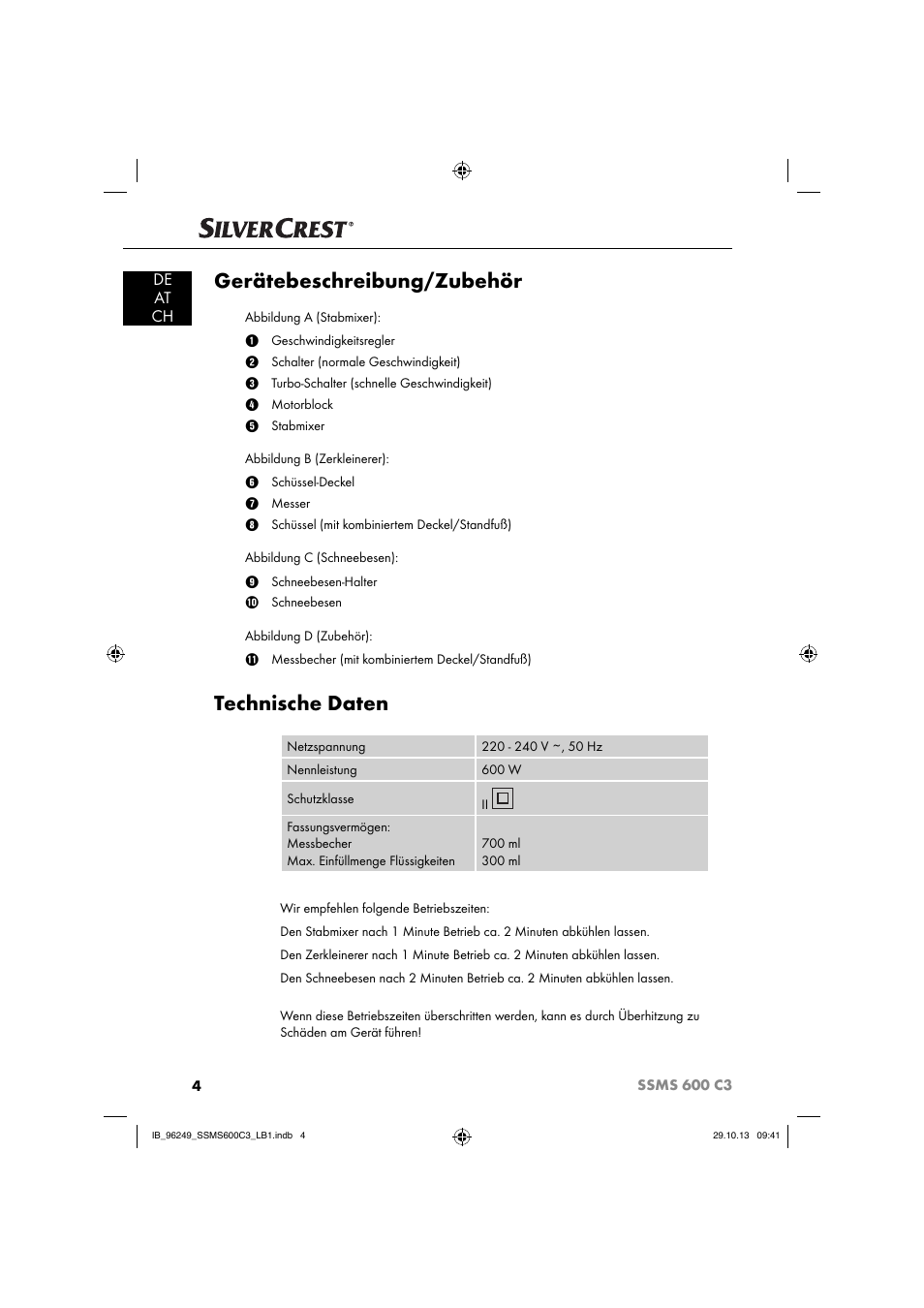 Gerätebeschreibung/zubehör, Technische daten, De at ch | Silvercrest SSMS 600 C3 User Manual | Page 7 / 94