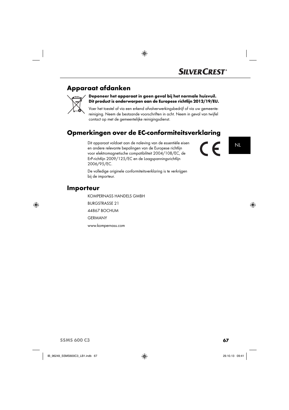 Apparaat afdanken, Opmerkingen over de ec-conformiteitsverklaring, Importeur | Silvercrest SSMS 600 C3 User Manual | Page 70 / 94