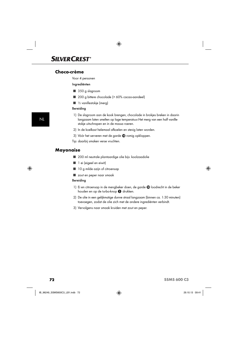 Choco-crème, Mayonaise | Silvercrest SSMS 600 C3 User Manual | Page 75 / 94