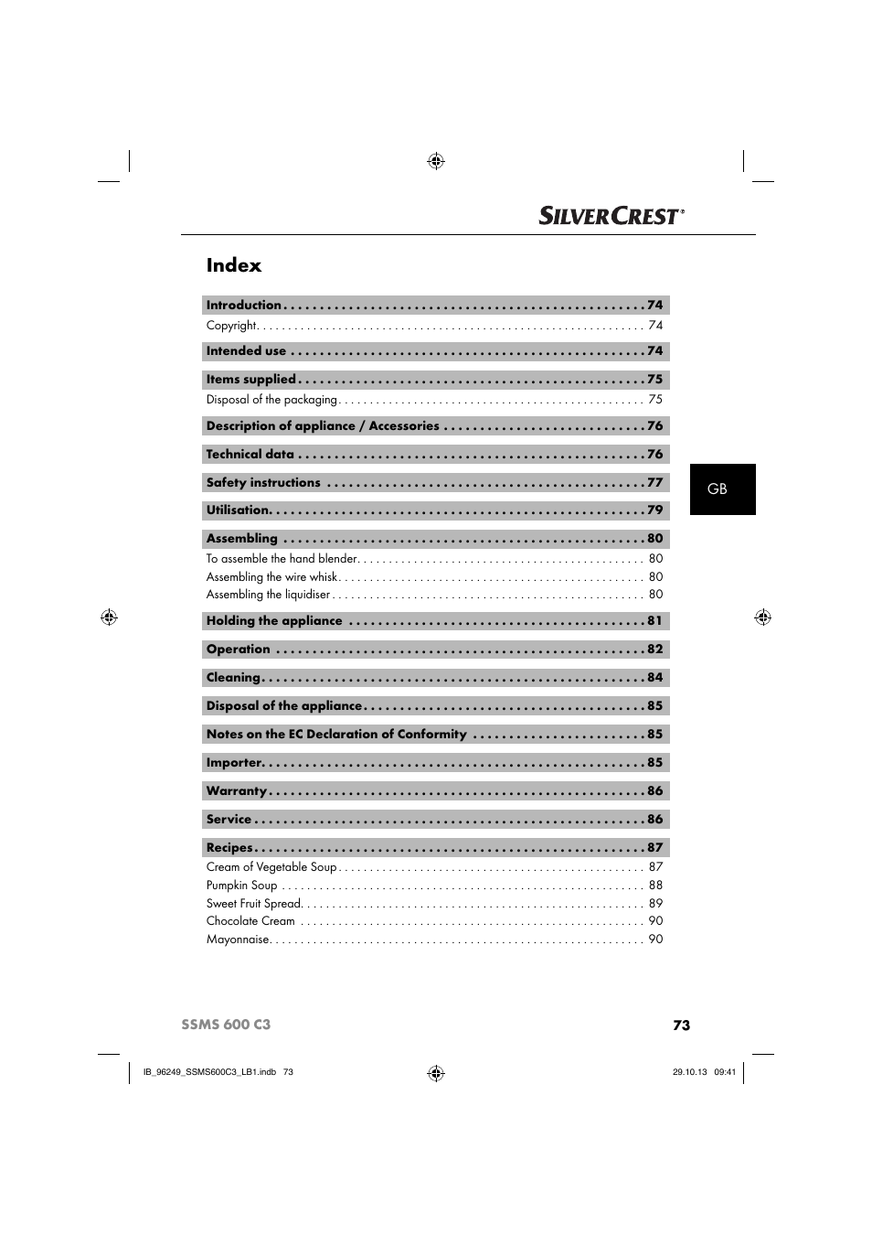 Index | Silvercrest SSMS 600 C3 User Manual | Page 76 / 94