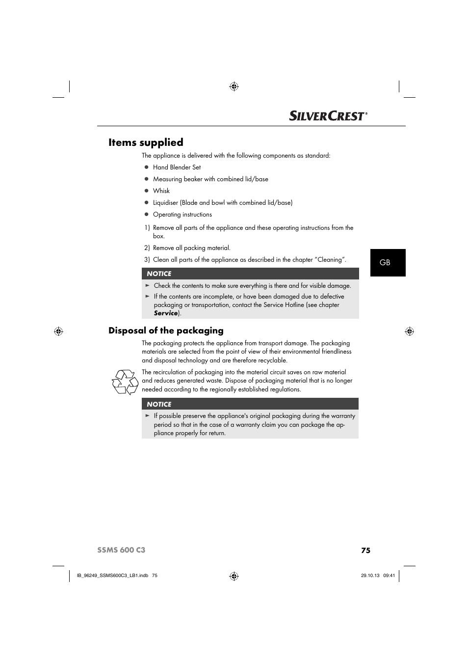 Items supplied, Disposal of the packaging | Silvercrest SSMS 600 C3 User Manual | Page 78 / 94