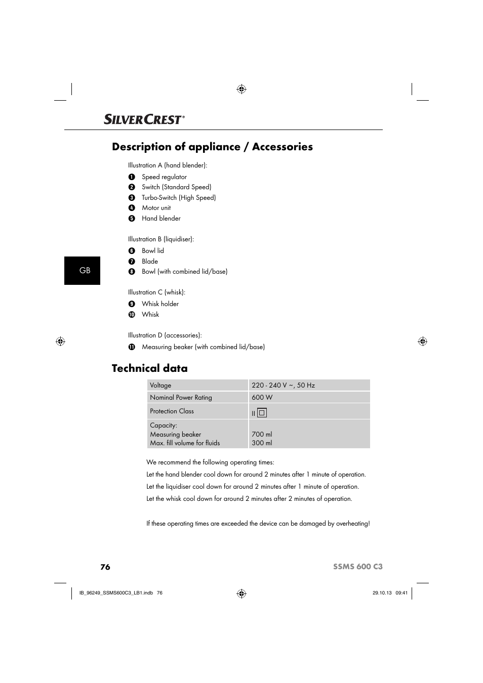 Description of appliance / accessories, Technical data | Silvercrest SSMS 600 C3 User Manual | Page 79 / 94
