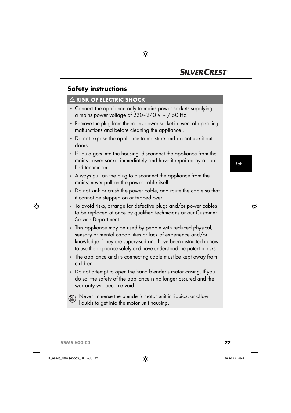 Safety instructions, Risk of electric shock | Silvercrest SSMS 600 C3 User Manual | Page 80 / 94