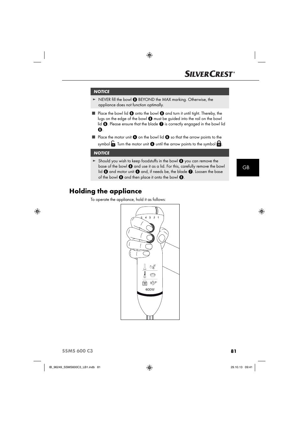 Holding the appliance | Silvercrest SSMS 600 C3 User Manual | Page 84 / 94