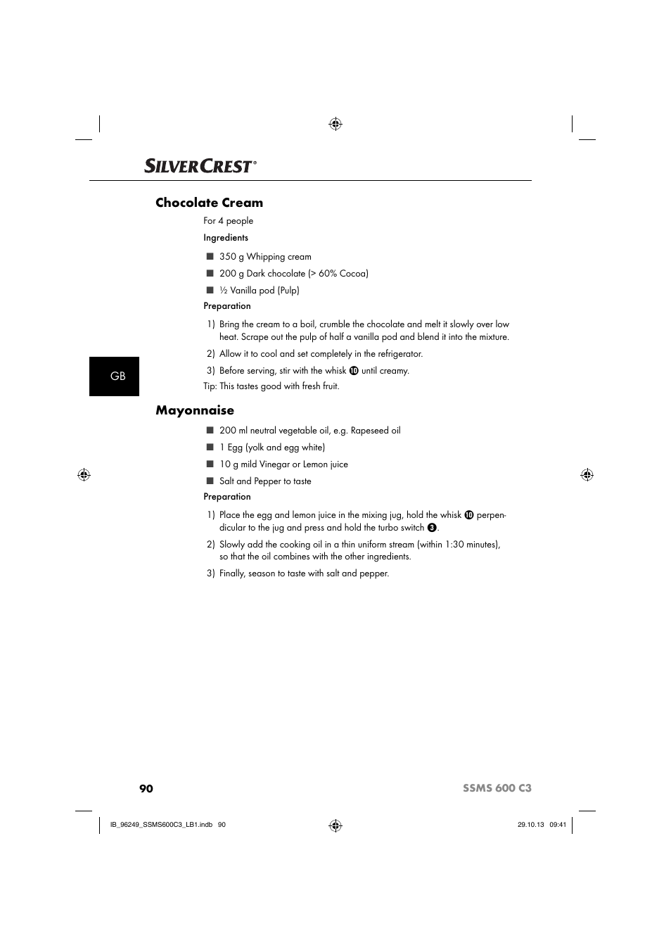 Chocolate cream, Mayonnaise | Silvercrest SSMS 600 C3 User Manual | Page 93 / 94