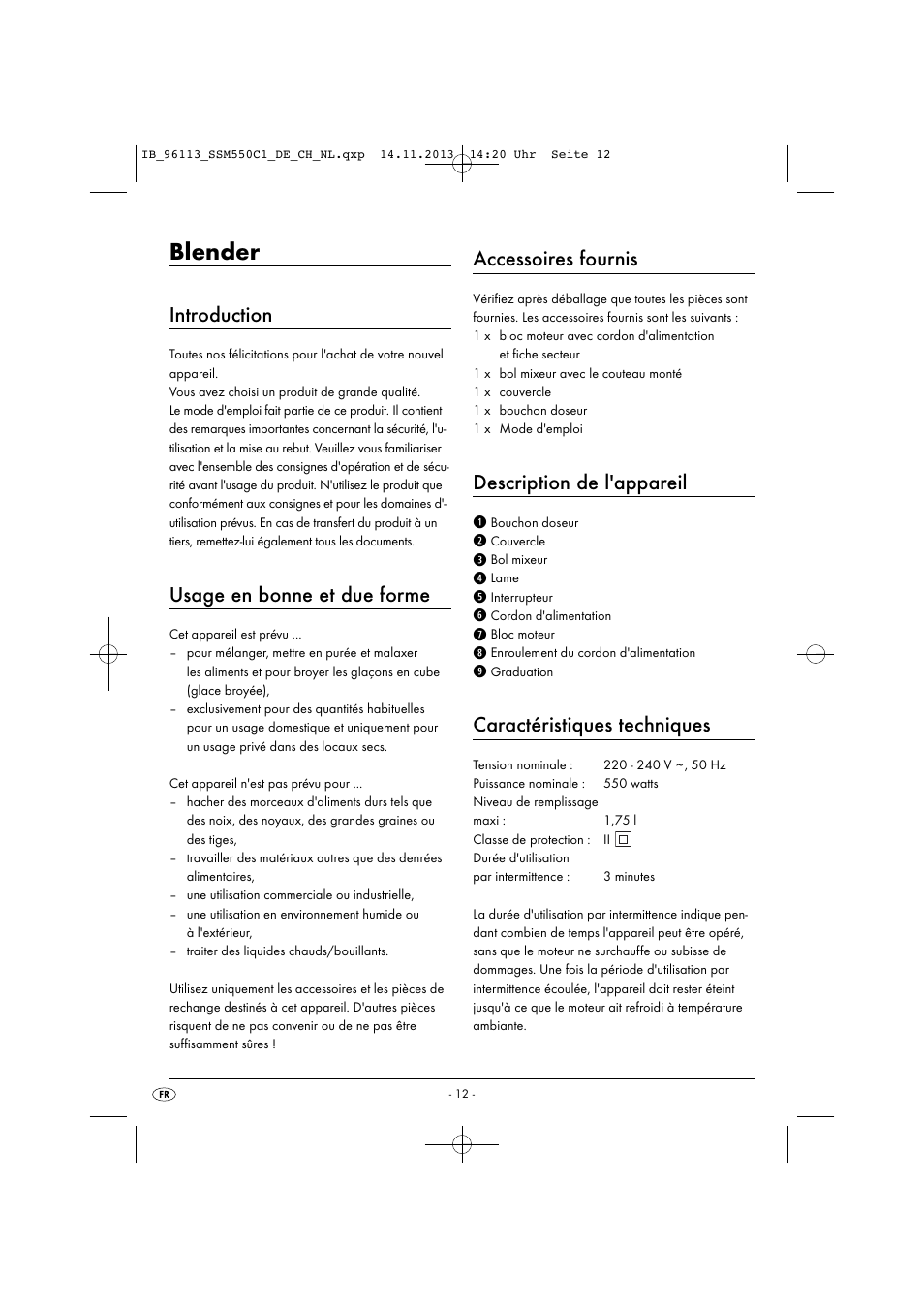 Blender, Introduction, Usage en bonne et due forme | Accessoires fournis, Description de l'appareil, Caractéristiques techniques | Silvercrest SSM 550 C1 User Manual | Page 15 / 53