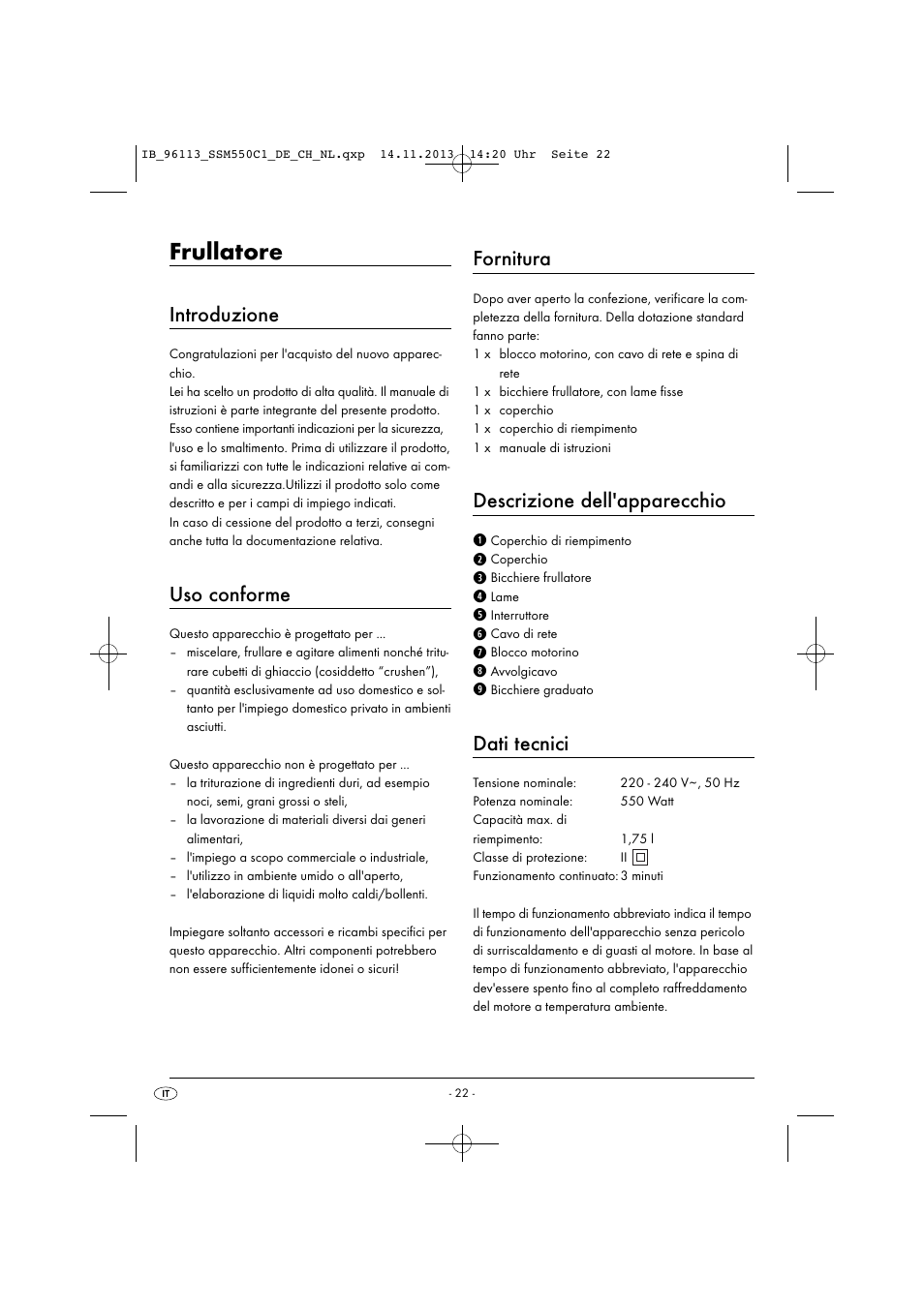 Frullatore, Introduzione, Uso conforme | Fornitura, Descrizione dell'apparecchio, Dati tecnici | Silvercrest SSM 550 C1 User Manual | Page 25 / 53