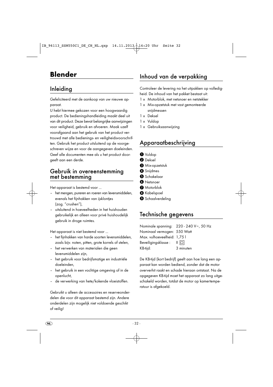 Blender, Inleiding, Gebruik in overeenstemming met bestemming | Inhoud van de verpakking, Apparaatbeschrijving, Technische gegevens | Silvercrest SSM 550 C1 User Manual | Page 35 / 53