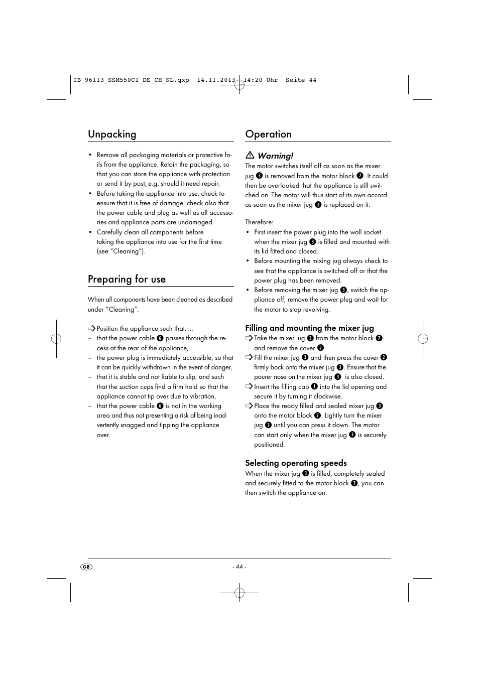 Unpacking, Preparing for use, Operation | Silvercrest SSM 550 C1 User Manual | Page 47 / 53