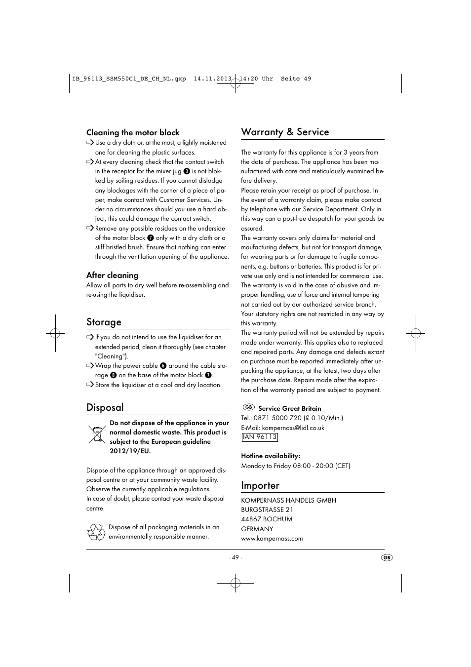 Storage, Disposal, Warranty & service | Importer | Silvercrest SSM 550 C1 User Manual | Page 52 / 53
