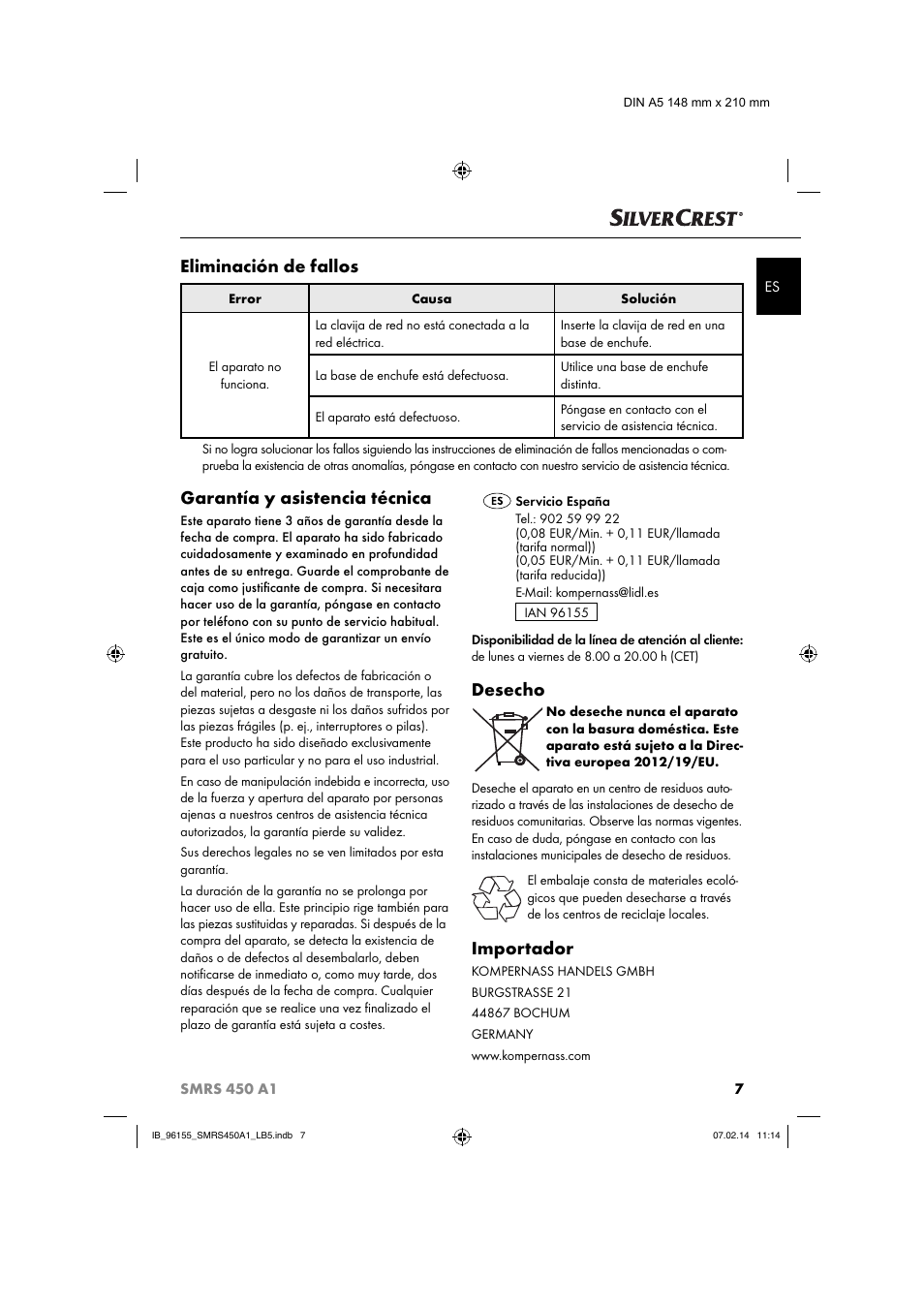 Eliminación de fallos, Garantía y asistencia técnica, Desecho | Importador | Silvercrest SMRS 450 A1 User Manual | Page 10 / 36