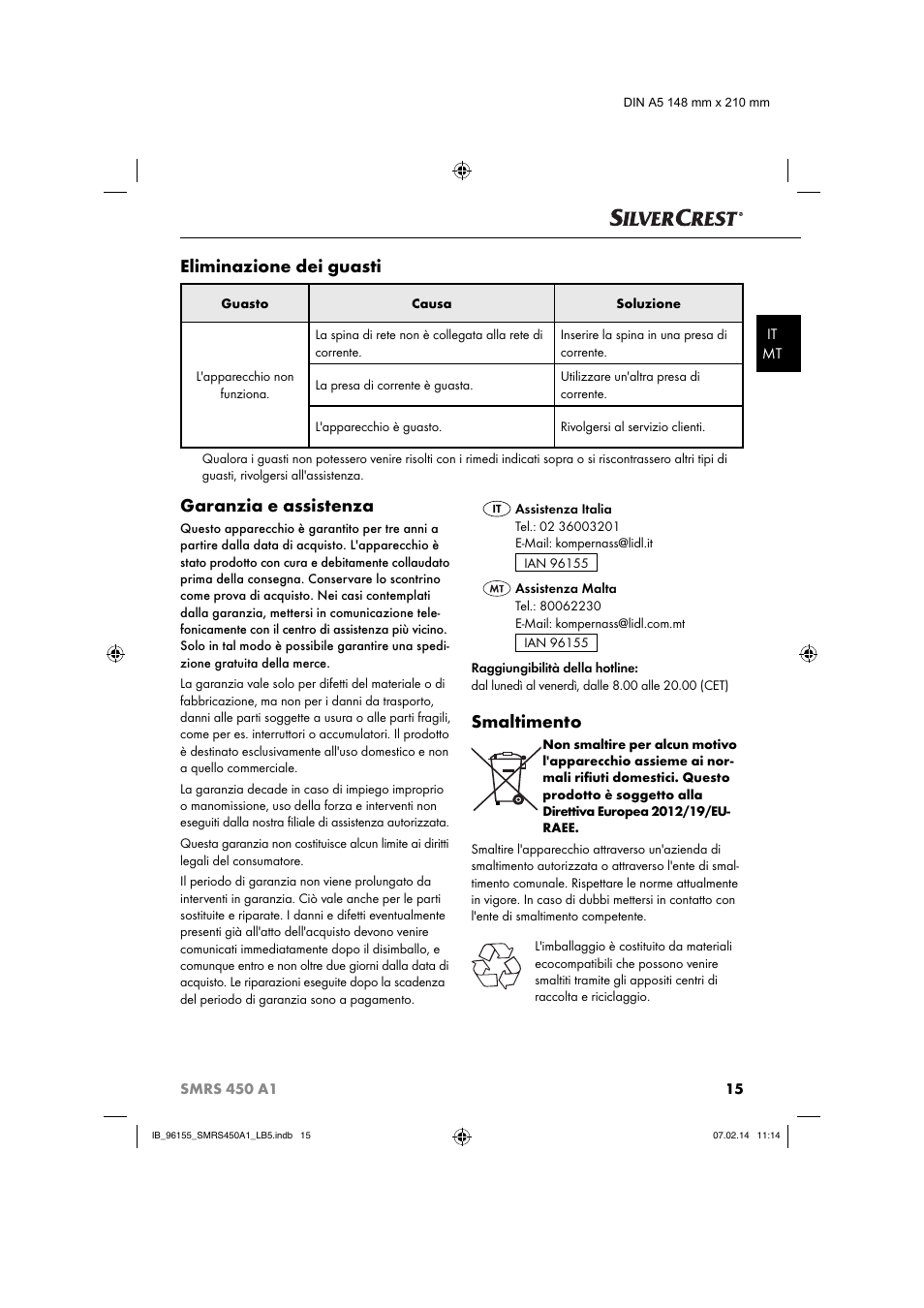 Eliminazione dei guasti, Garanzia e assistenza, Smaltimento | Silvercrest SMRS 450 A1 User Manual | Page 18 / 36