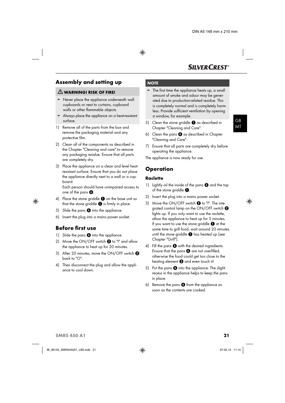 Assembly and setting up, Before ﬁ rst use, Operation | Silvercrest SMRS 450 A1 User Manual | Page 24 / 36