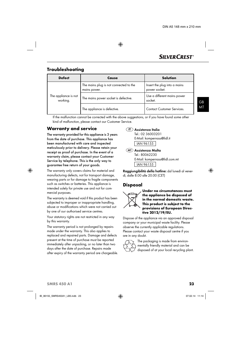 Troubleshooting, Warranty and service, Disposal | Silvercrest SMRS 450 A1 User Manual | Page 26 / 36