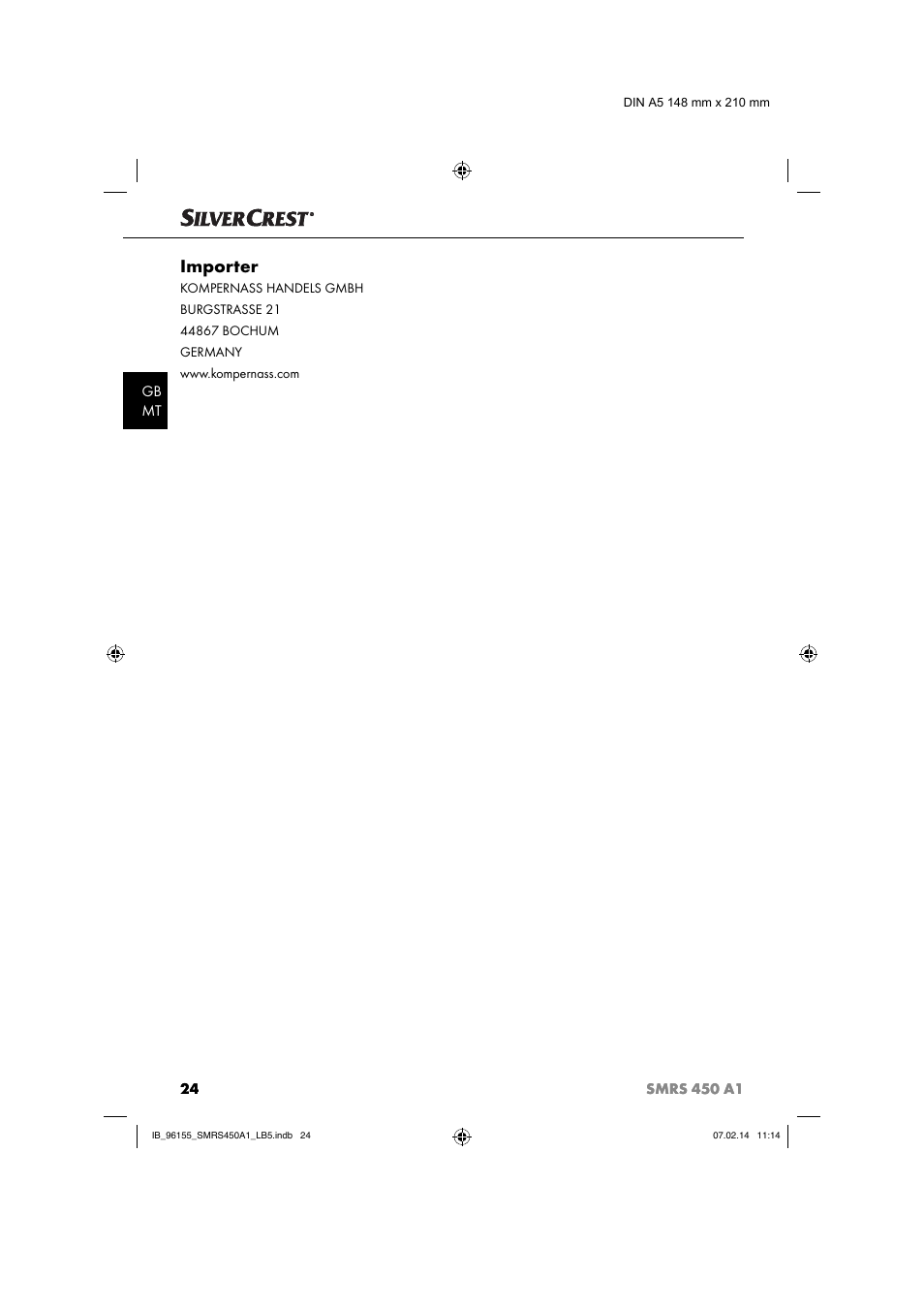 Importer | Silvercrest SMRS 450 A1 User Manual | Page 27 / 36