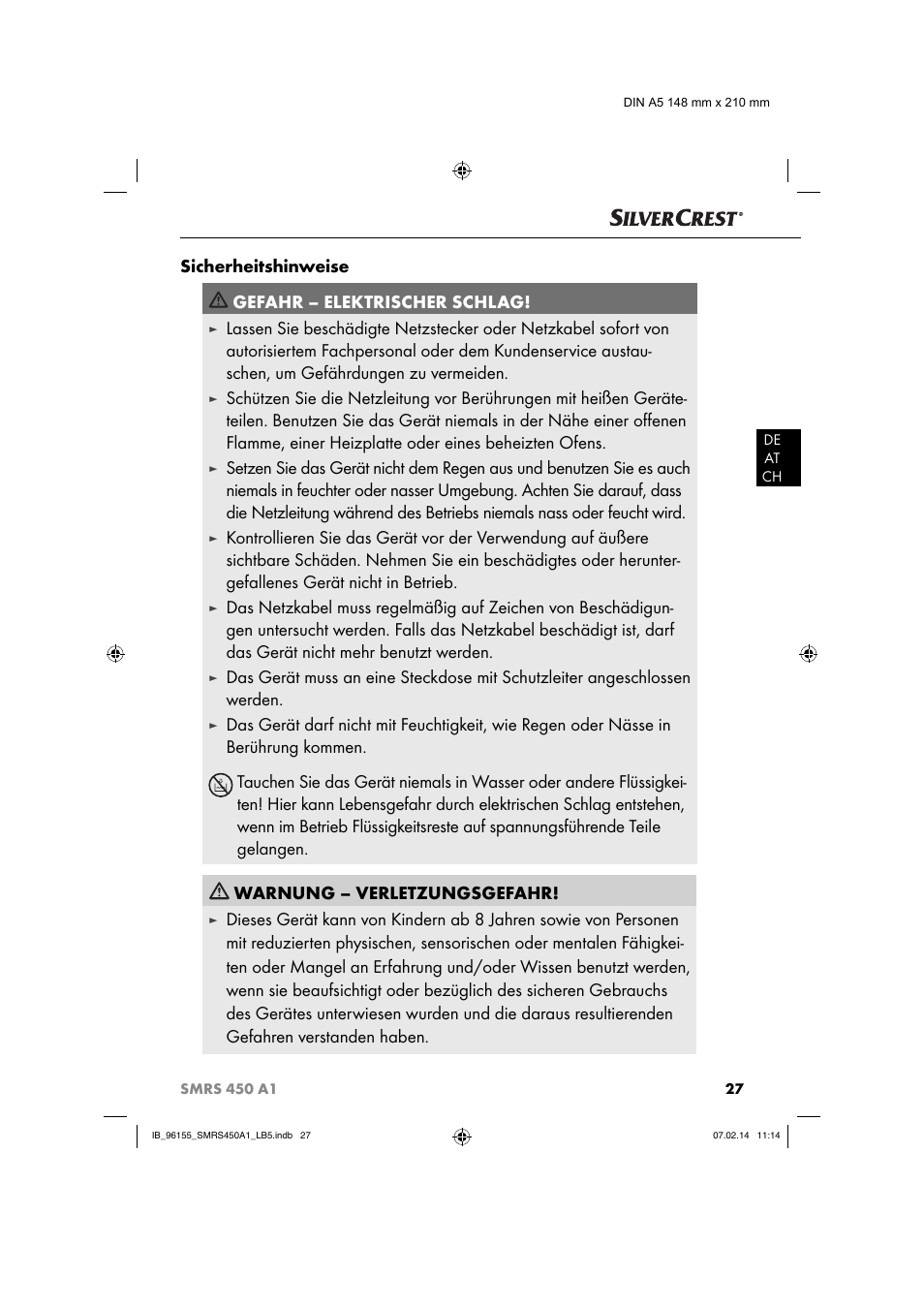 Sicherheitshinweise gefahr – elektrischer schlag | Silvercrest SMRS 450 A1 User Manual | Page 30 / 36