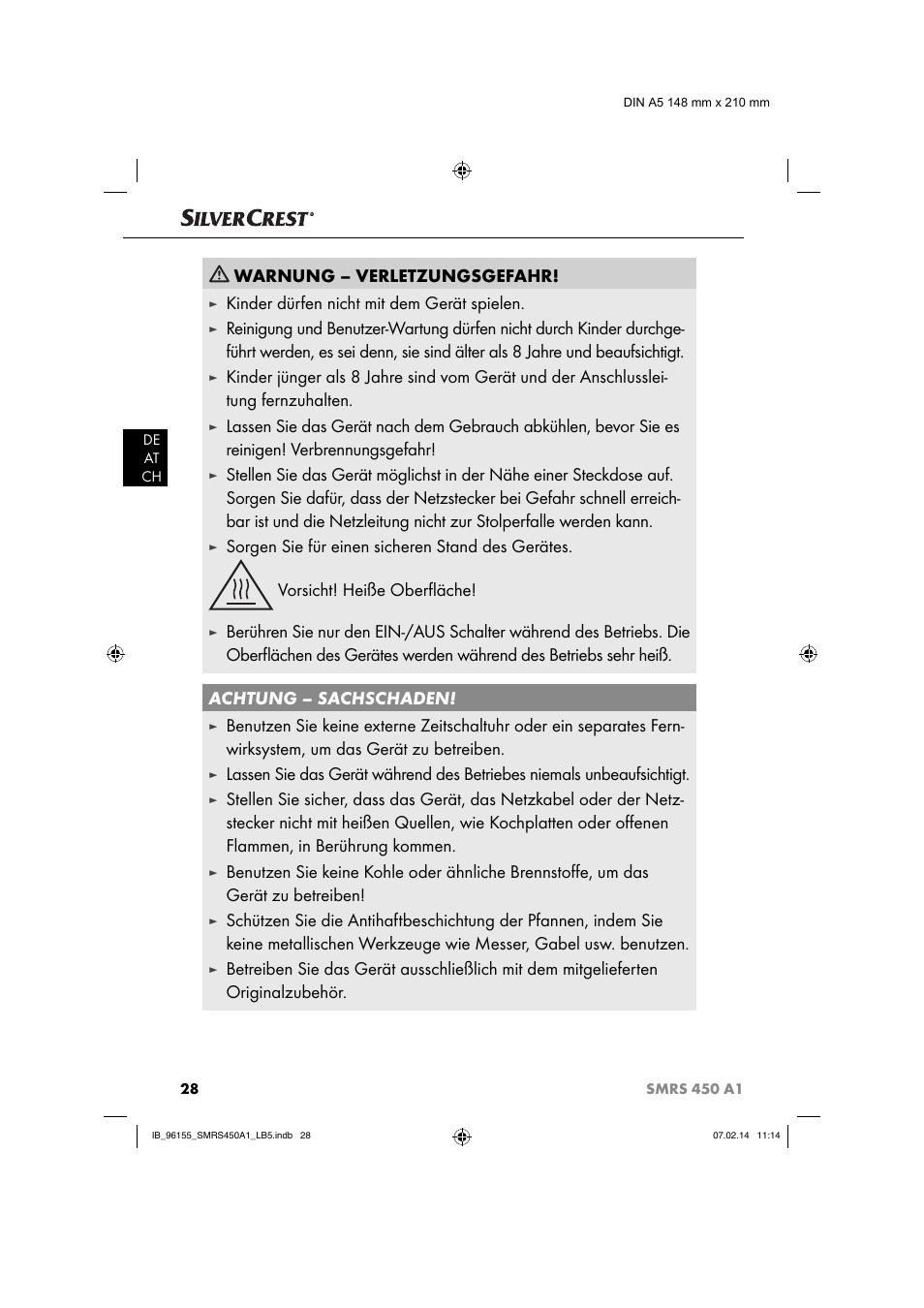 Warnung – verletzungsgefahr, Kinder dürfen nicht mit dem gerät spielen | Silvercrest SMRS 450 A1 User Manual | Page 31 / 36