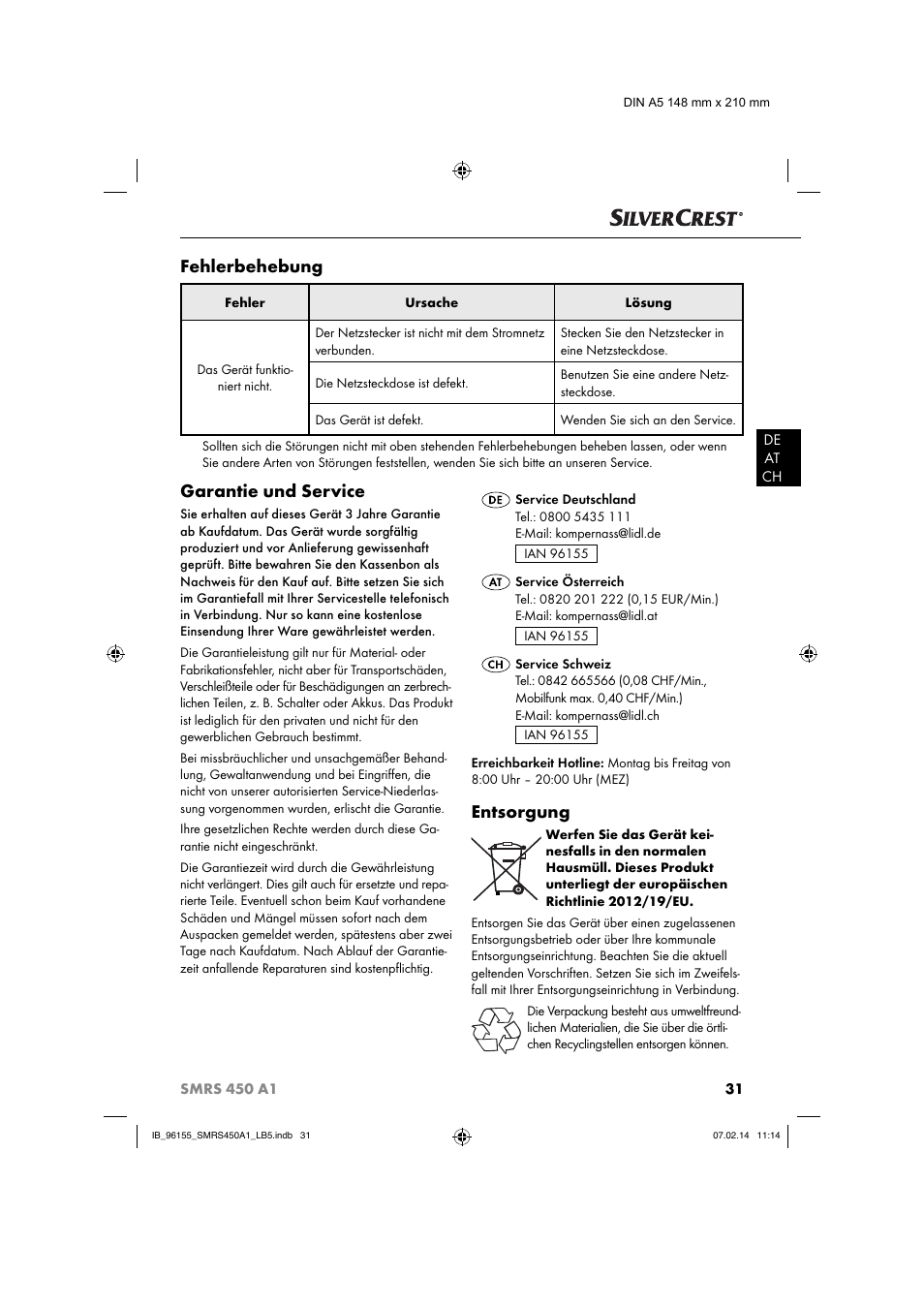 Fehlerbehebung, Garantie und service, Entsorgung | Silvercrest SMRS 450 A1 User Manual | Page 34 / 36