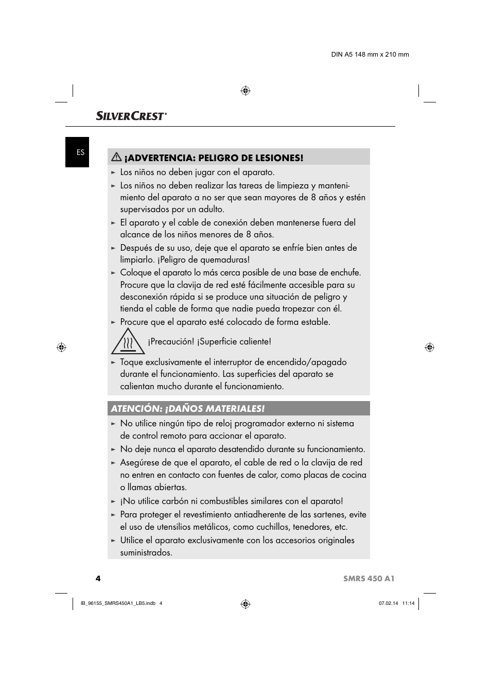 Advertencia: peligro de lesiones, Los niños no deben jugar con el aparato | Silvercrest SMRS 450 A1 User Manual | Page 7 / 36