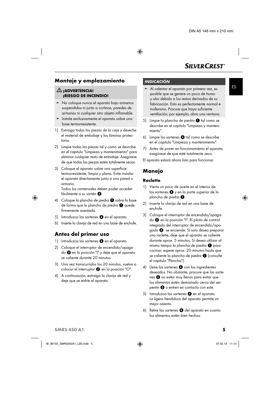 Montaje y emplazamiento, Antes del primer uso, Manejo | Silvercrest SMRS 450 A1 User Manual | Page 8 / 36