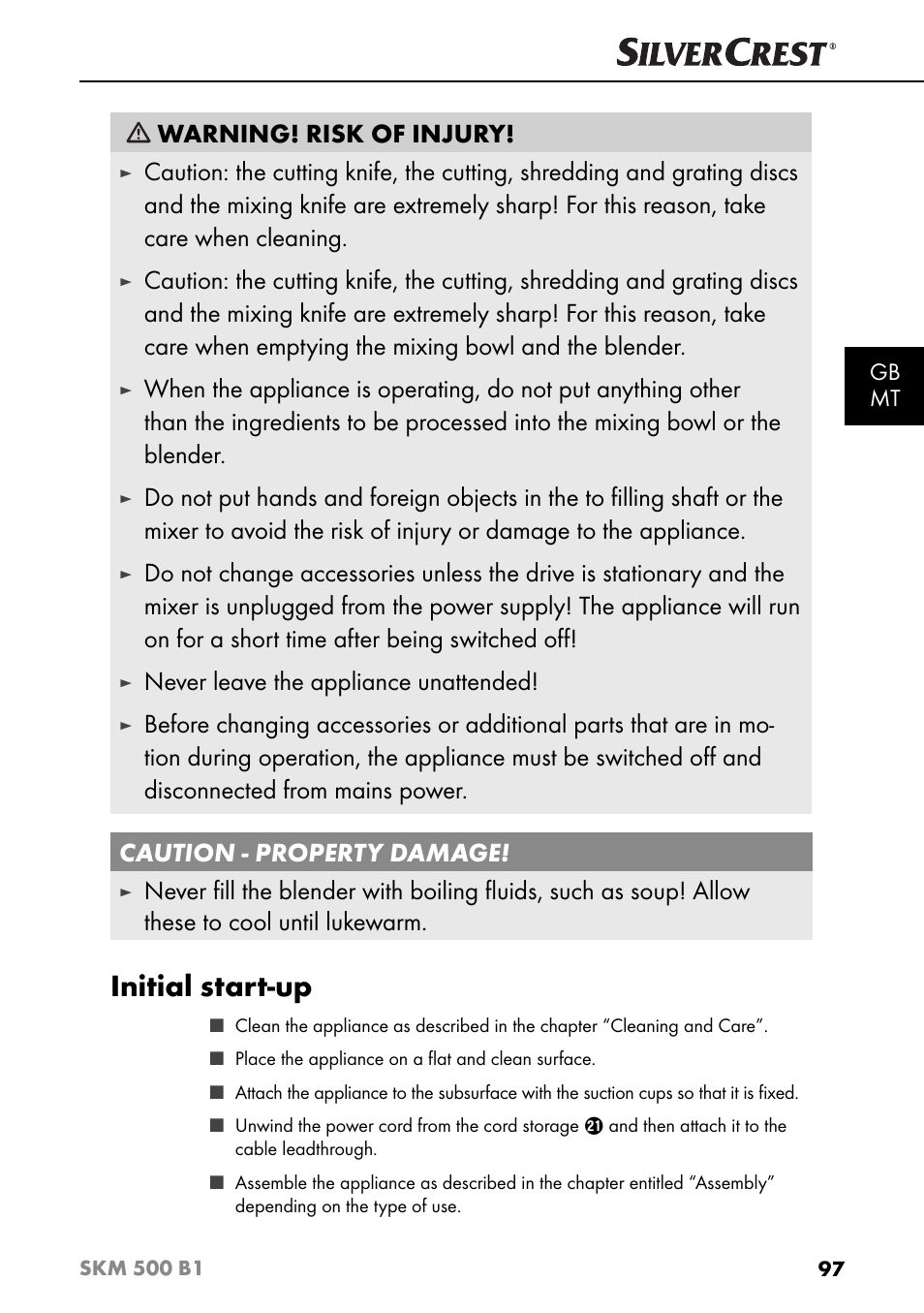 Initial start-up, Warning! risk of injury, Never leave the appliance unattended | Silvercrest SKM 500 B1 User Manual | Page 100 / 154