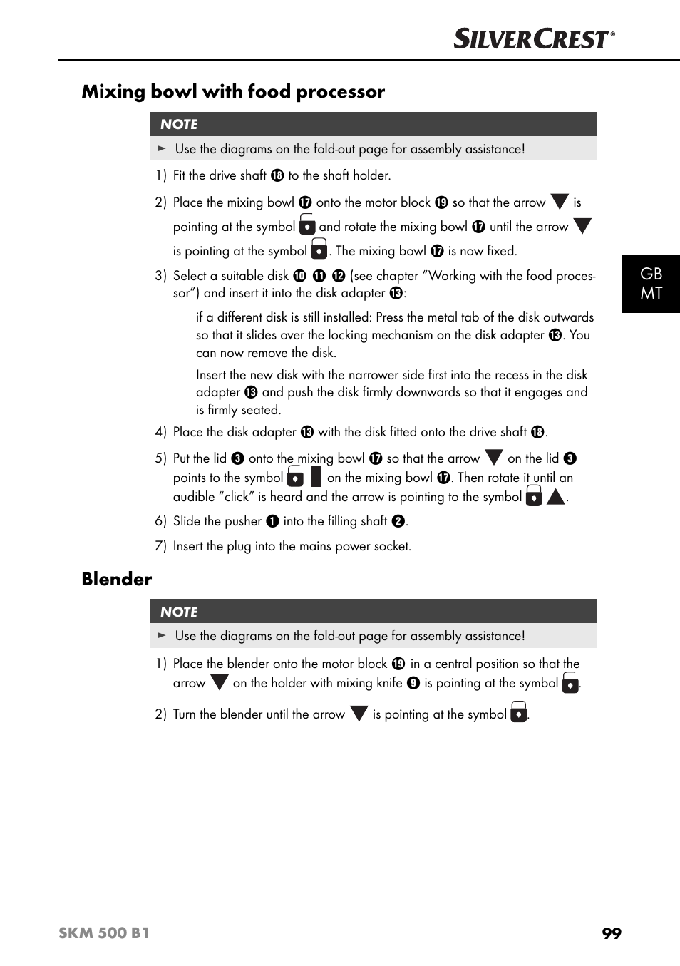 Mixing bowl with food processor, Blender, Gb mt | Silvercrest SKM 500 B1 User Manual | Page 102 / 154