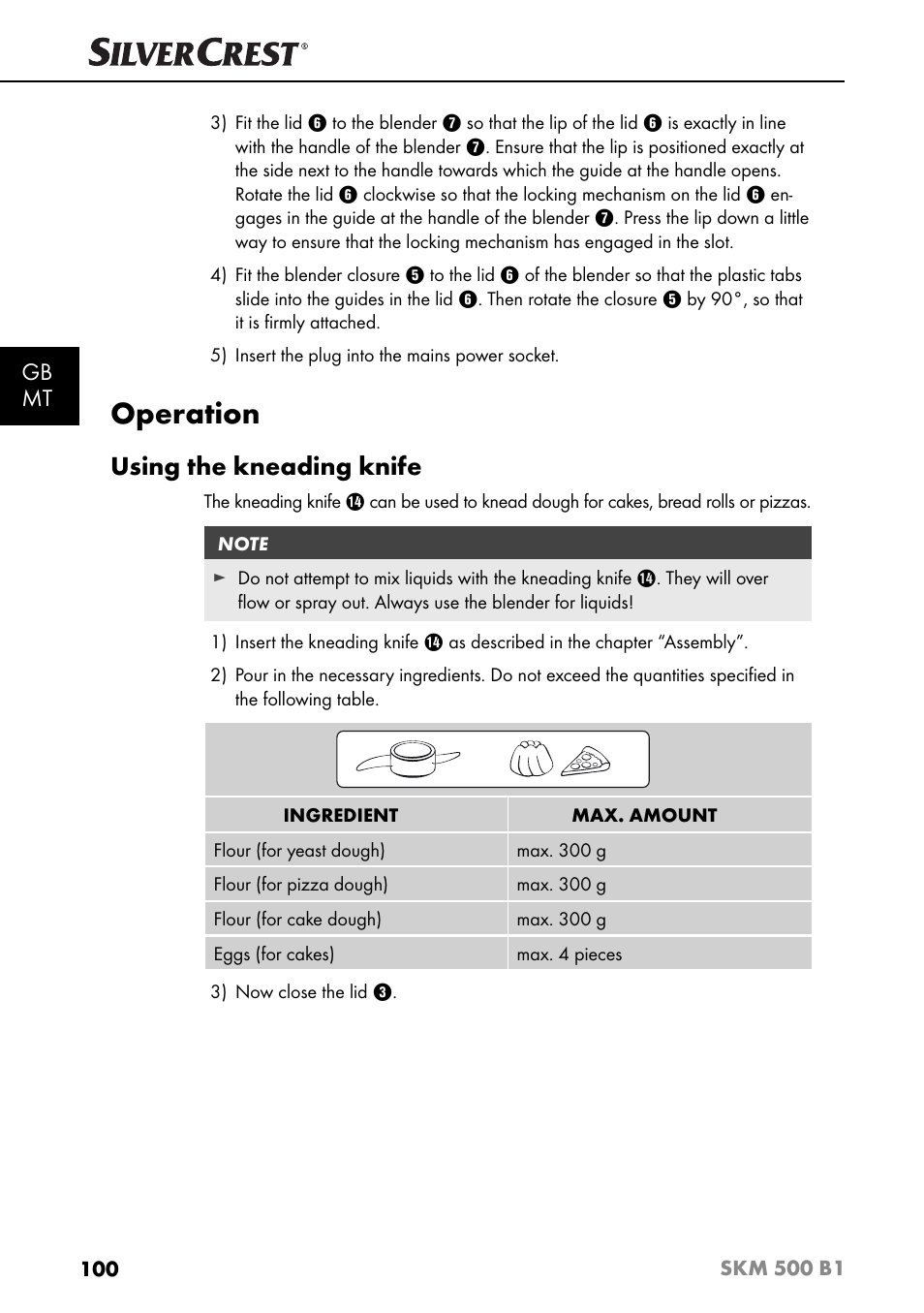 Operation, Using the kneading knife, Gb mt | Silvercrest SKM 500 B1 User Manual | Page 103 / 154