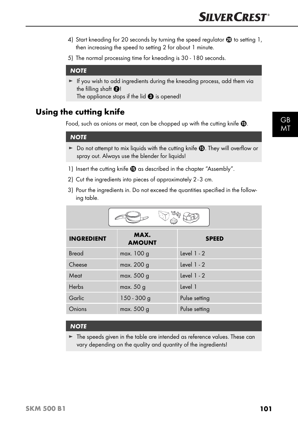 Using the cutting knife, Gb mt | Silvercrest SKM 500 B1 User Manual | Page 104 / 154